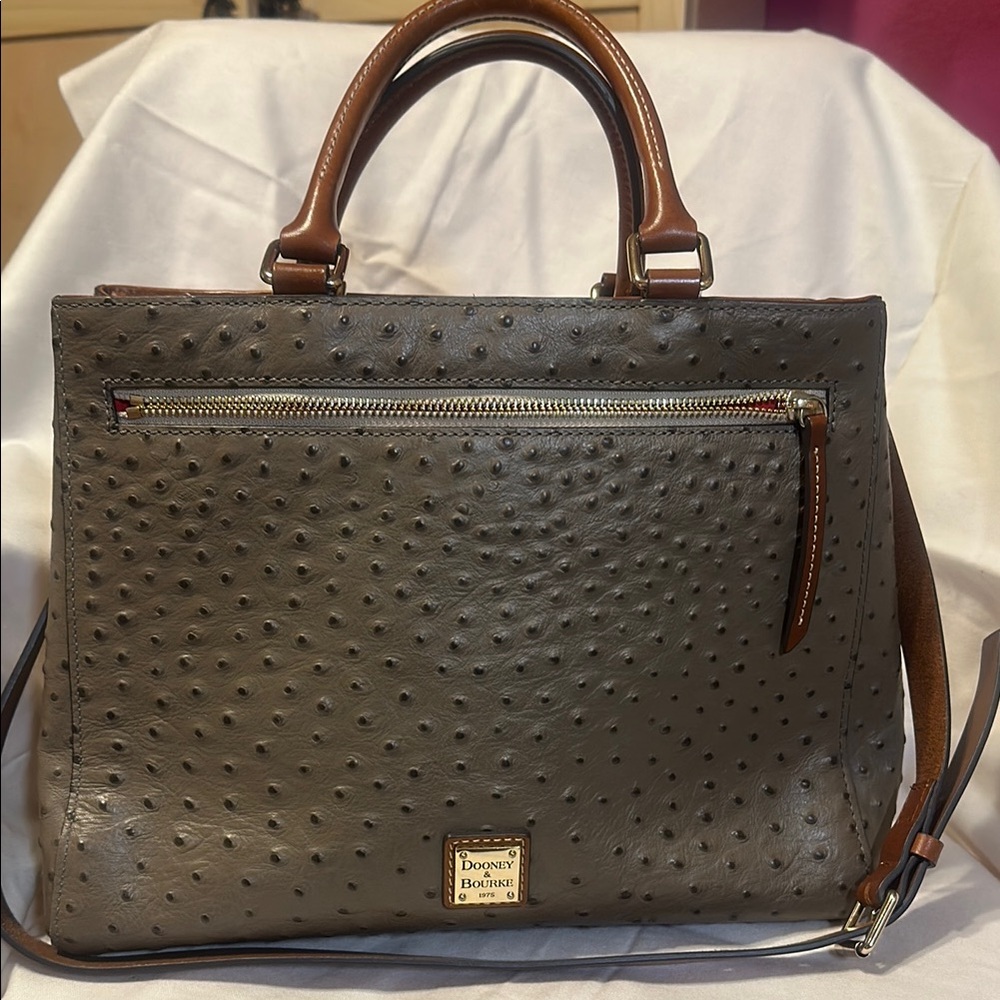 Dooney & Bourke Gray and Brown Satchel with Textured Leather and Gold Hardware